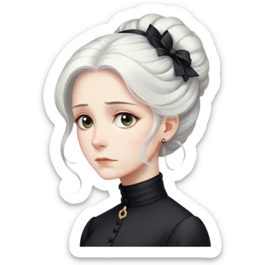 A Victorian woman with elegant coiffed white hair and light eyes wearing a modest unaccessorized black turtleneck mourning dress looking down with a forlorn expression sticker