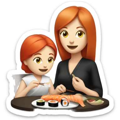 Red haired pale woman eating sushi with her tanner mother sticker