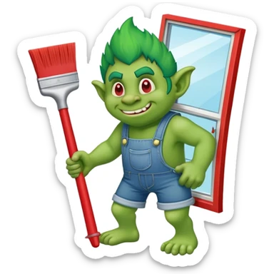 Troll wearing jorts cleaning a window using red squeegee sticker