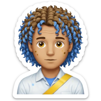 Make me an emoji that has a guy with a white shirt and yellow tape around the shirt with brown and blue spots hair make the hair curly make the yellow tape go around it sticker