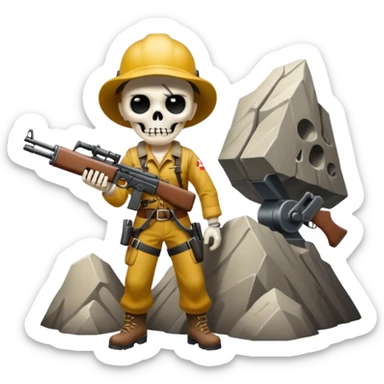 Yodeling mountain climber in Switzerland with a machine gun pointing to the right, full body, in the style of your bleeding skull art sticker