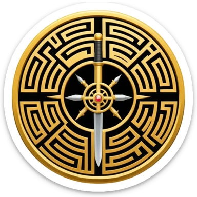 A vertical sword in the center of a circular maze, inside of which is embedded a thin astrolabe. The lines are strict, geometric, and symmetrical. The material is a dark metal (antimonium). The style is a minimalistic alchemical sign. sticker