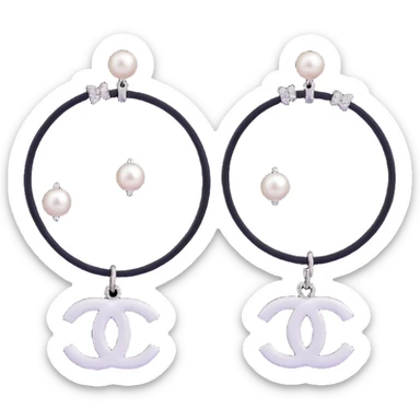glossy 3D emoji-style black and white hoop earrings with pearl accents and small silver Chanel logo charm, elegant sticker