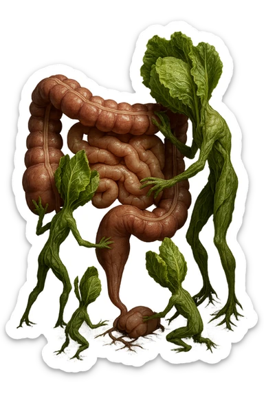 Ultra-realistic 4K illustration: stylized lettuce leaves depicted as plant-like creatures interacting with a human anatomical model of the intestine. The scene is surreal and scientific, with organic textures, refined biological details, dramatic lighting, and a bio-fantasy photorealistic style sticker