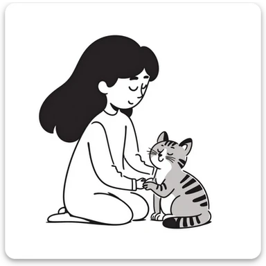 Beautiful girl with long black hair sitting with a gray and blonde mixed cat sticker