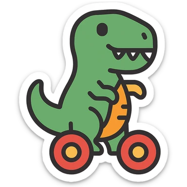 Add wheels to the T-Rex, making it look like a toy vehicle, with the same bright lighting and sharp focus sticker