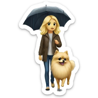 Blonde girl walking little pomeranian under the rain sticker