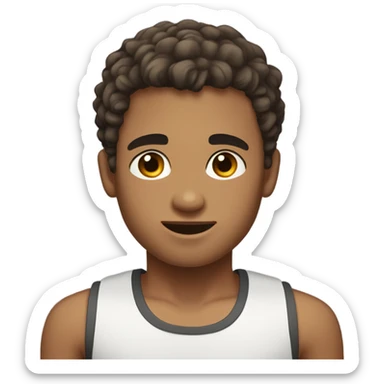 Boy with shaved hair on the sides and curly hair on top, dark brown eyes, wearing tank top sticker