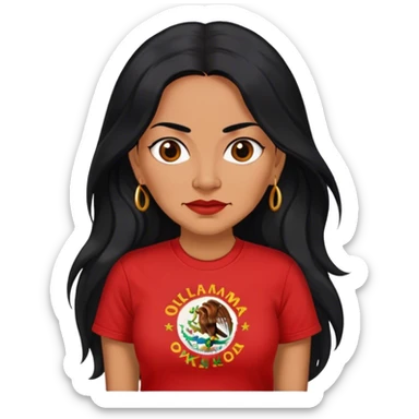 Realistic 50 year old Mexican woman long hair in a red “OKLAHOMA” t-shirt sticker