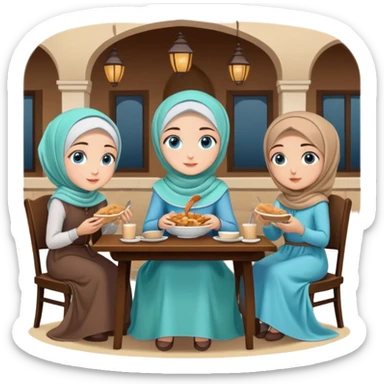 Turkish beautiful finish Konya girls blue eyes with lovely dark mint hijab long tail dress and the two friends sits on the chair on the ground and eating the food in the restaurant  sticker