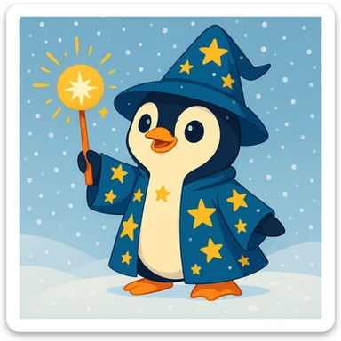 Add a snowy background behind the cute penguin wizard, ensuring the starry robe and hat remain visible and clear. sticker