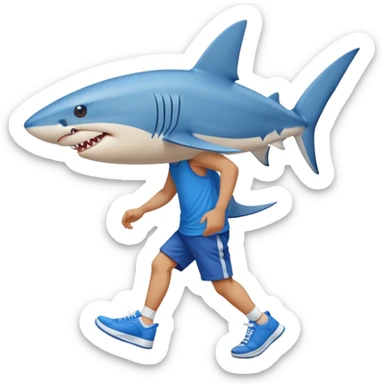 a blue shark wearing blue Sneakers walking in front of the beach sticker