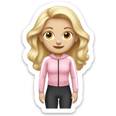 A blonde white girl in a light pink tracksuit with a fitness mat sticker