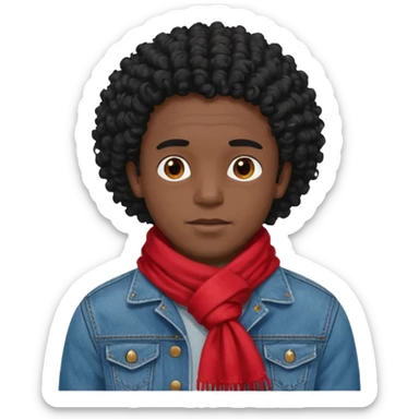 black skin man, curly black hair wear red scraft, jean jacket sticker