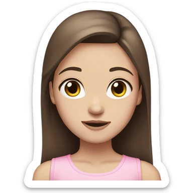 Girl with straight brown hair, brown eyes, pale skin, a pink top and pink bow sticker