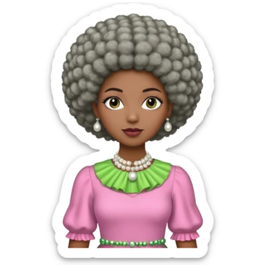 Brown woman with a very very stylish gray Afro  wearing pink and green dress  and pearl blouse with sleeves sticker