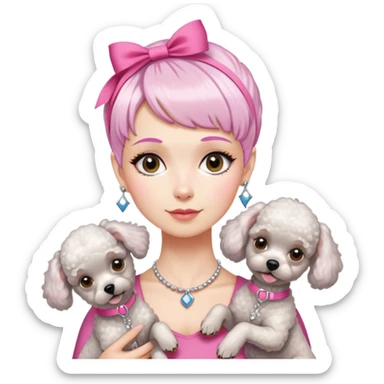 short pixie bangs platinated woman pink hair band，fair-skinned ,no earringsholding two poodles sticker