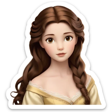 Cinematic Realistic Belle Portrait, depicted with lifelike skin texture, soft natural lighting, and intricately detailed brown hair styled elegantly. Her deep, expressive eyes exude warmth and intelligence, complemented by a serene and graceful expression. She is dressed in her classic attire, with rich fabric textures and delicate folds that catch the light beautifully. The portrait features a soft, enchanting glow with a natural, radiant finish, capturing the essence of timeless beauty in a realistic and painterly style, evoking a sense of depth and authenticity. sticker