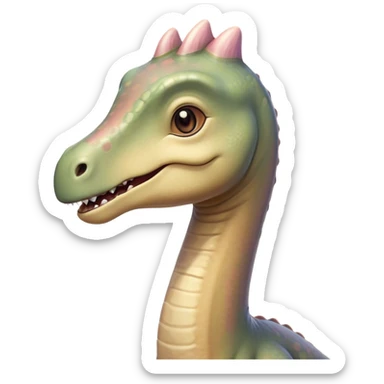 Cinematic Cute Brachiosaurus Portrait Emoji, Head tilted playfully with a warm, endearing smile, featuring a diminutive, almost whimsical head atop an impressively long neck and a sturdy, gentle body, adorned in soft, pastel earthy hues, Simplified yet irresistibly adorable features, highly detailed, glowing with a tender, inviting glow, high shine, affectionate and lively, stylized with a touch of prehistoric whimsy, soft glowing outline, capturing the essence of a playful Brachiosaurus that seems as if it could amble out of the screen into your arms! sticker