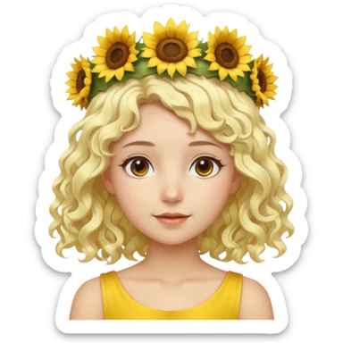 ["Fair skin female, short platinum-blonde curly hair, wearing a yellow sunflower crown."] sticker