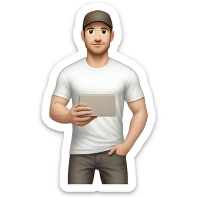 Pale skinned fit Man with dark brown hair in a light gray cap, dark brown jeans, brown polo and white T-shirt keeping a pasted with tape white box into his hands sticker