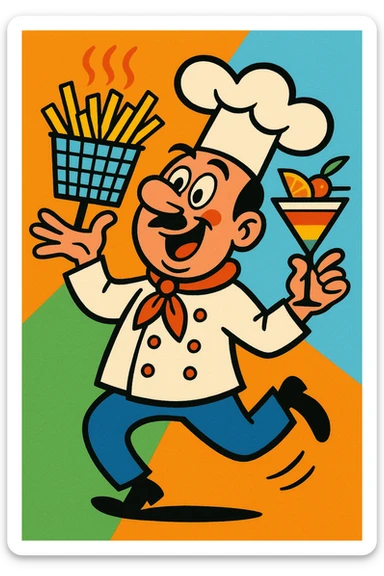 A wobbly chef balancing a fryer of hot chips, mocktail glass with fruit garnish, chef's hat askew, humorous, bold outlines, vibrant toon style sticker