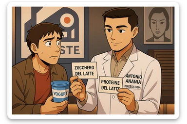 fai un webtoon manga a colori con questo stile, in cui un uomo ASCOLTA Il kinesiologo con il camice bianco (fagli anche la scritta "ANTONIO ANANIA" SUL CAMICE, IL KINESIOLOGO SPIEGA ALL'UOMO UNA COSA TENENDO DUE FOGLIETTINI IN MANO, UNO CON LA SCRITTA "ZUCCHERO DEL LATTE" E UNA CON LA SCRITTA "PROTEINE DEL LATTE". L'UOMO OSSERVA LO YOGURT CHE HA IN MANO CON ESPRESSIONE DUBBIOSA IN VOLTO. non fare i fumetti però, fai solo in modo che sembri stiano parlando sticker