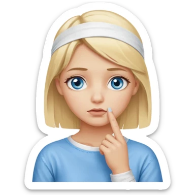 blonde-haired, blue-eyed, fair-skinned girl with a fully bandaged index finger, finger on chin, thinking sticker