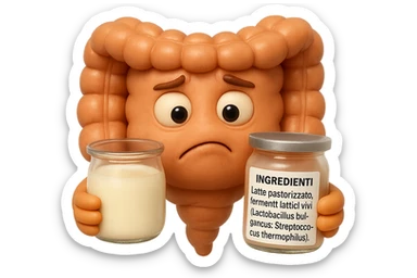 SU QUESTO STILE FAI UN EMOJI STILE IPHONE 3D DI UN INTESTINO CHE HA IN MANO UN BARATTOLO DI YOGURT CONFEZIONATO DA SUPERMERCATO E LEGGE L'ETICHETTA NUTRIZIONALE CON GLI INGREDIENTI IN ITALIANO, ACCANTO ALLO YOGURT CHE HA IN MANO C'è UN FOCUS SULL'ETICHETTA CON GLI INGREDIENTI SCRITTI, FAGLI UN ESPRESSIONE CONFUSA MENTRE LEGGE E FALLO MOLTO REALISTICO IN 3D sticker