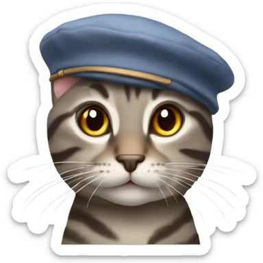 Grey/brown tabby cat with a beret sticker