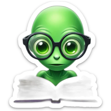 green alien studying in glasses with a book sticker