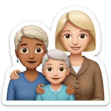 two kids (1 brown boy and 1 white girl) with their mother and grand mother smiling sticker