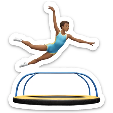 An athletic person soaring high above a trampoline, executing an acrobatic flip with perfect form. The scene captures motion and energy, with a dynamic pose, stretched limbs, and a focused expression. The background suggests a professional trampoline arena with safety padding. sticker