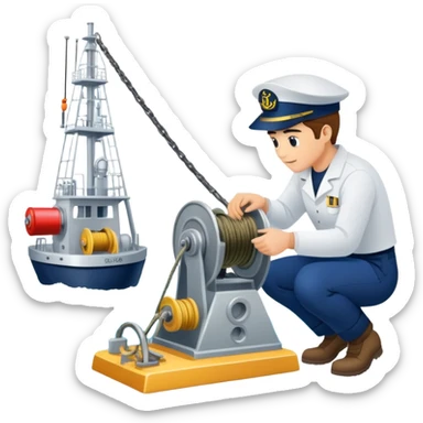 Sequential process of sailor operating winch, retrieving sediment core, and scientists examining ocean floor samples in lab sticker