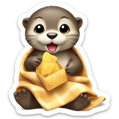 baby otter wrapped in blanket eating prosecco and crisps sticker
