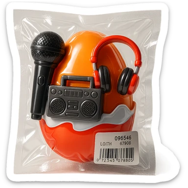 Kinder Surprise egg opened showing toys: microphone, boombox, headphones, shiny and inflated vacuum-sealed style sticker