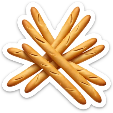 loose cluster of thin crunchy breadsticks with golden-brown slightly blistered surface and subtle curves, straight or slightly uneven sticks, crisp dry textures, rustic baked look, no packaging, no dip, no extras, soft lighting, subtle shadows, emoji scale sticker
