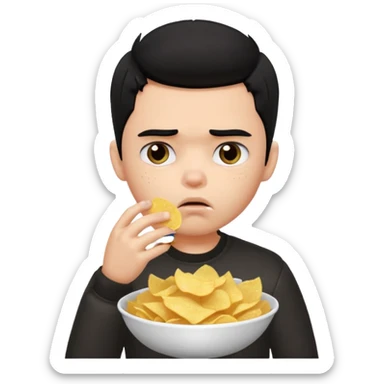 a PRETTY BRATZ boy with black hair, stuffing his face with chips and looking sad sticker