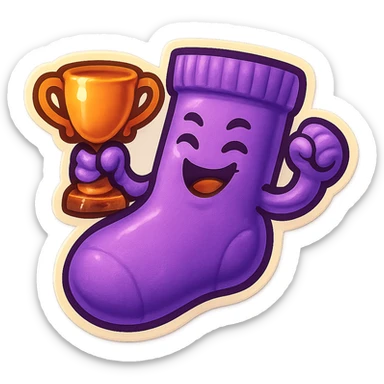 A purple sock with a victorious face, holding a trophy, representing victory or success. sticker