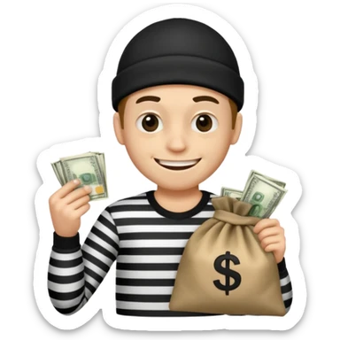 A robber with a black and white shirt with a bag of money  sticker