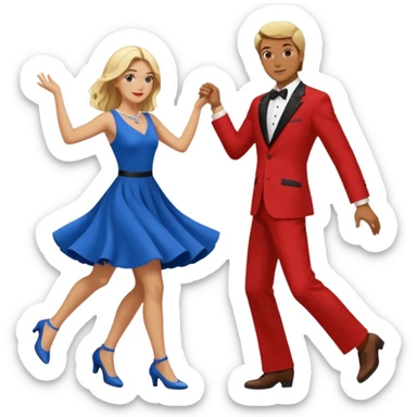 Two people. Man wearing all  RED with brown hair. Women  ALL blue with blond hair. Swing Dancing.  sticker