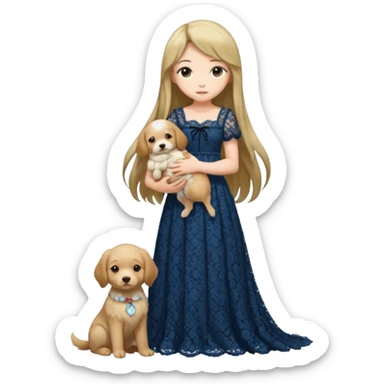Pastel anime lady long hair with long lace dress full body holding puppy sticker