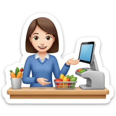 a person happily buying something at a store counter sticker