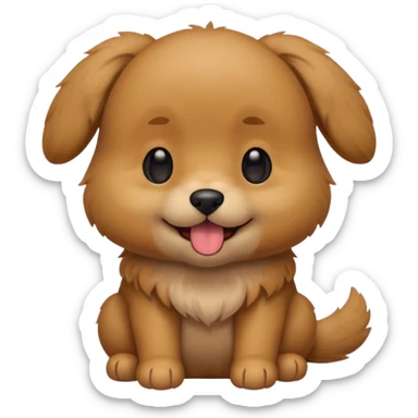 Cute small brown fluffy dog emoji icon. Round face, short muzzle, light brown fur with slightly darker ears, small black nose, happy smiling expression with tongue out. Soft friendly eyes, sitting pose with front paws together. Simple clean vector style, minimal details, kawaii style. sticker