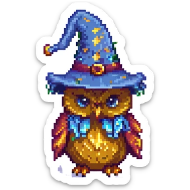 pixel art owl with a wizard hat sticker