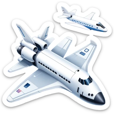 An icon featuring a space shuttle and an airplane against a starry sky, symbolizing aerospace technology. The design includes rocket boosters and satellite orbits, representing the exploration of space and advanced aviation. Transparent background sticker