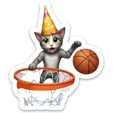 cat wearing a birthday hat dunking a basketball sticker