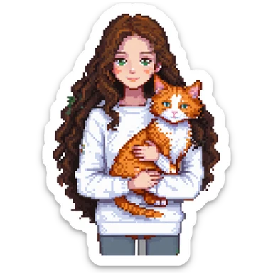 a girl with long dark brown curly hair, wearing a white sweater, hugging an orange cat, a grey Maine Coon, and a white cat with spots, pixel art style sticker