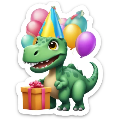Dinosaur with a birthday hat and a presents and a baloons sticker