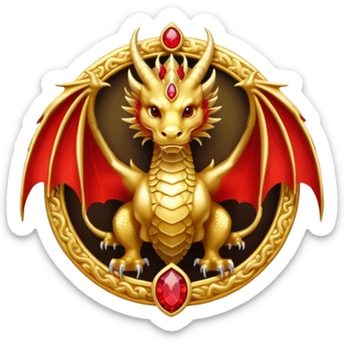 Golden dragon with wings crest / brosch in a circle with red gems and no background sticker